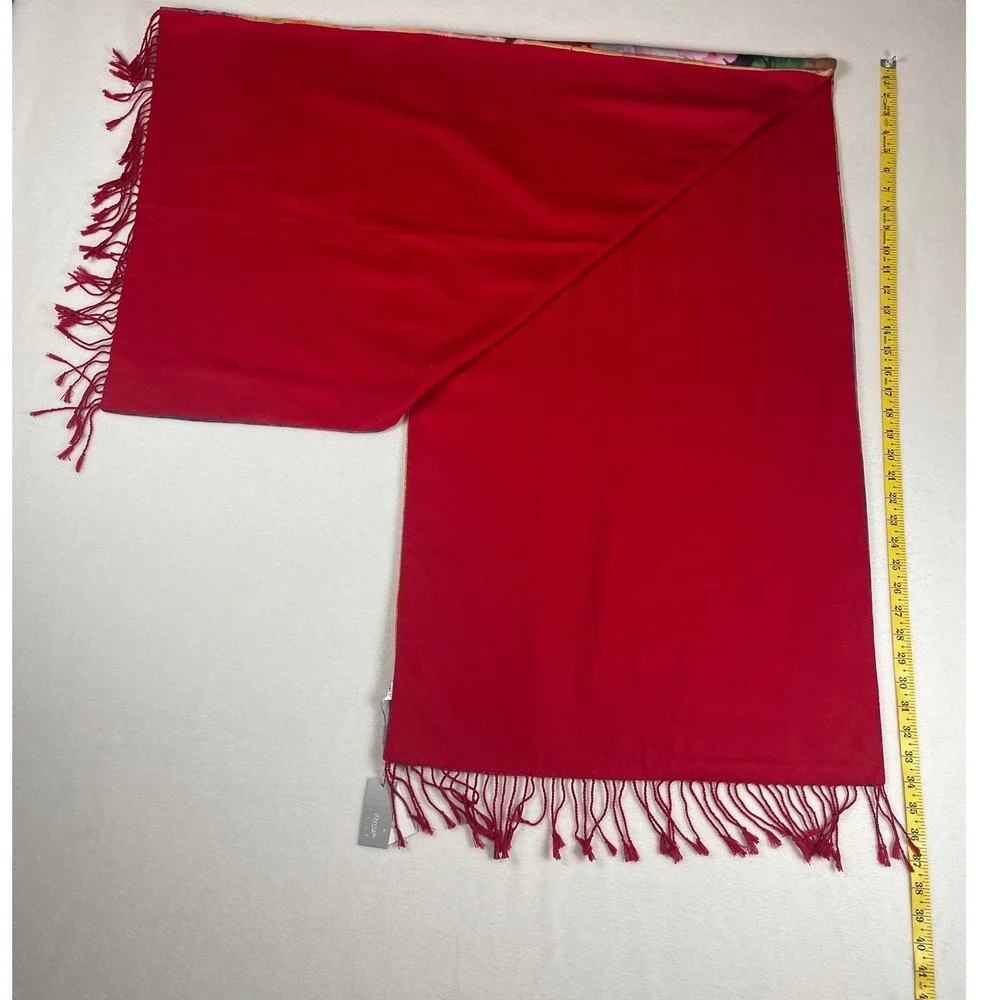 NWT X-NYMPH Silk Cashmere Floral Scarf Wrap Pashmina Red Reversible Fringe 68x20